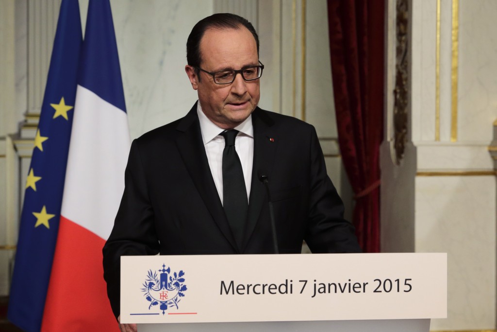 French President Hollande delivers a speech at the Elysee Palace after a shooting at the Paris headquarters of satirical weekly Charlie Hebdo